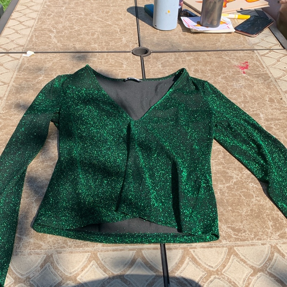 Green long sleeved sparkly dressy top, size large